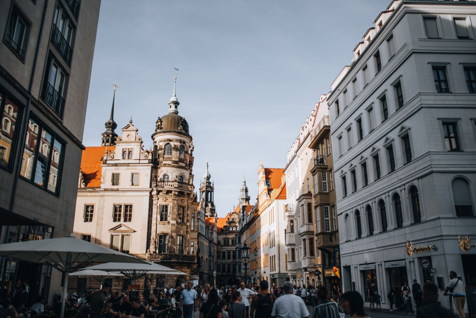 Street in Dresden old town with a view towards the Frauenkirche