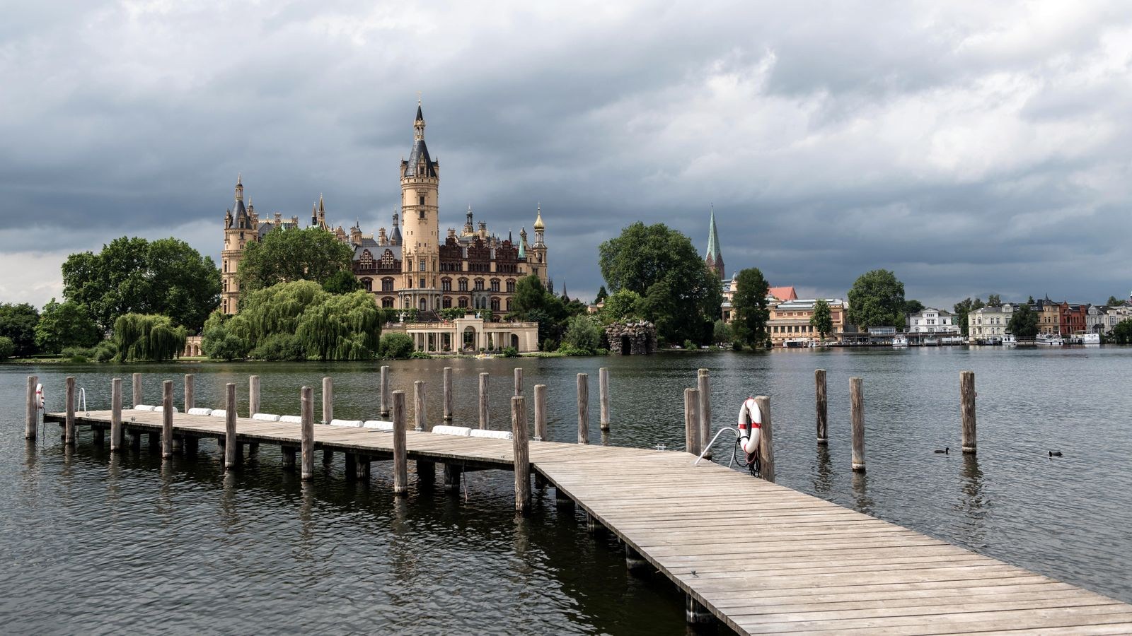 Jetty on Lake Schwerin with a view of the castle