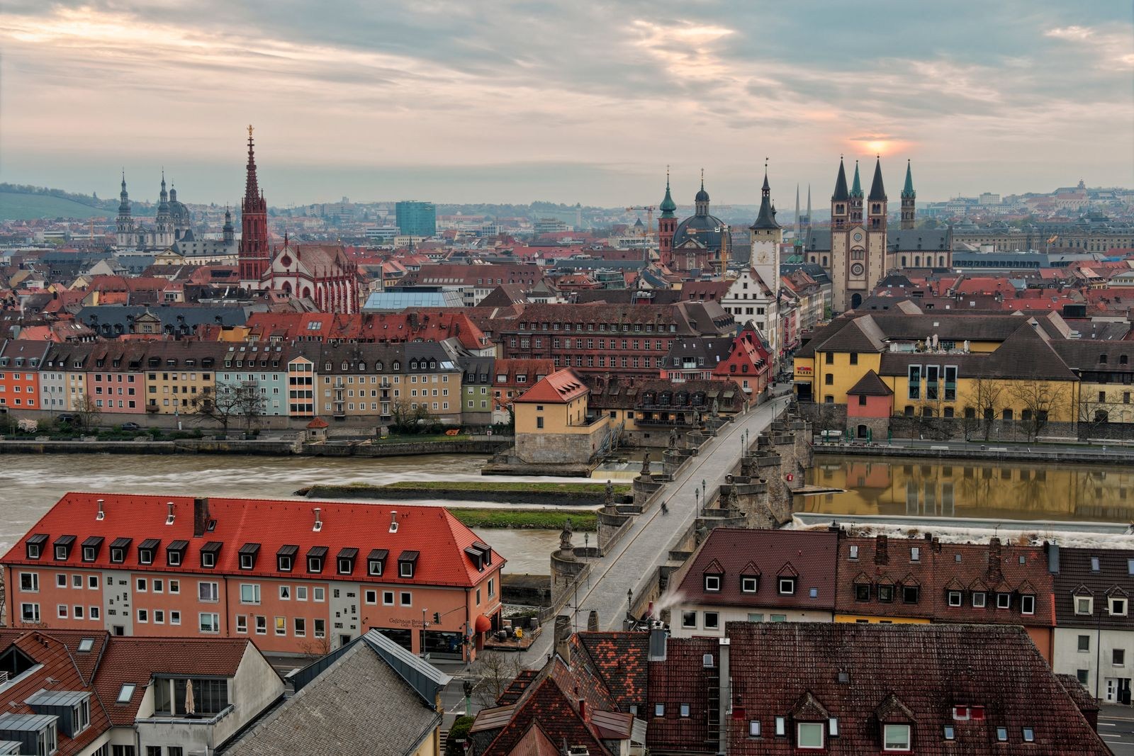 View over Würzburg old town and church towers