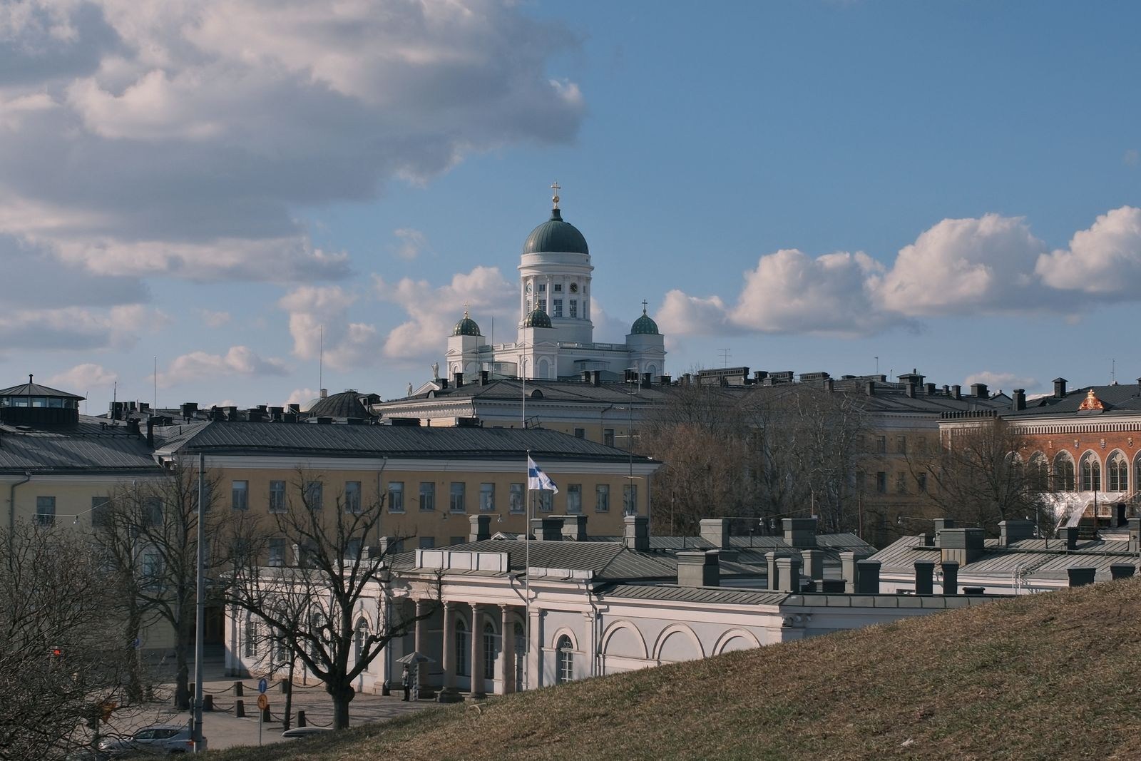View of Helsinki's white cathedral dome above the rooftops