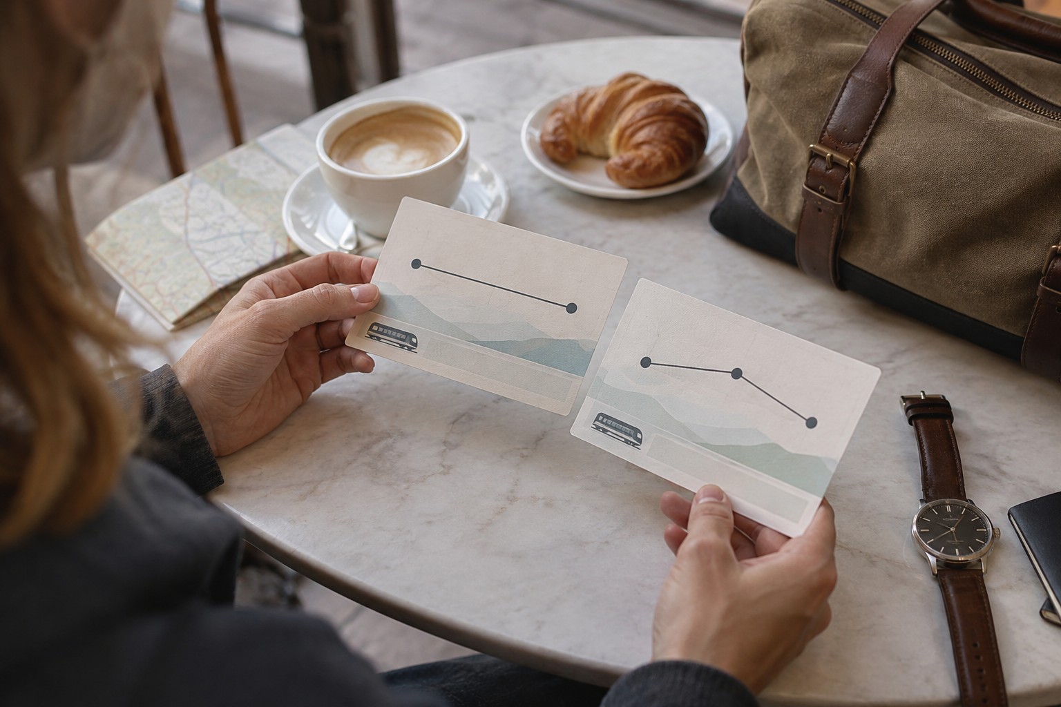 Two simple route cards and a watch beside a travel bag