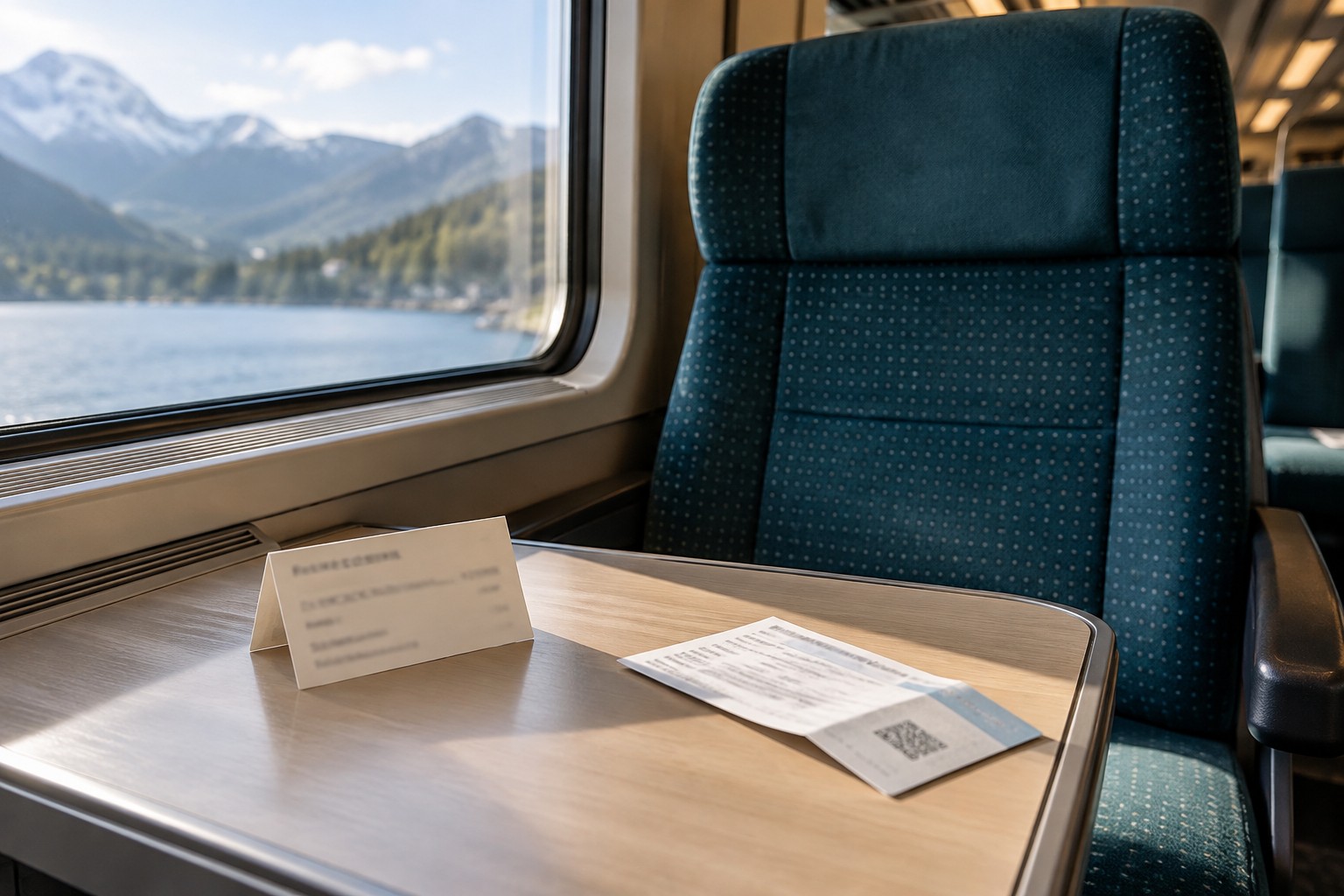 Two separate travel documents on a table beside a train window