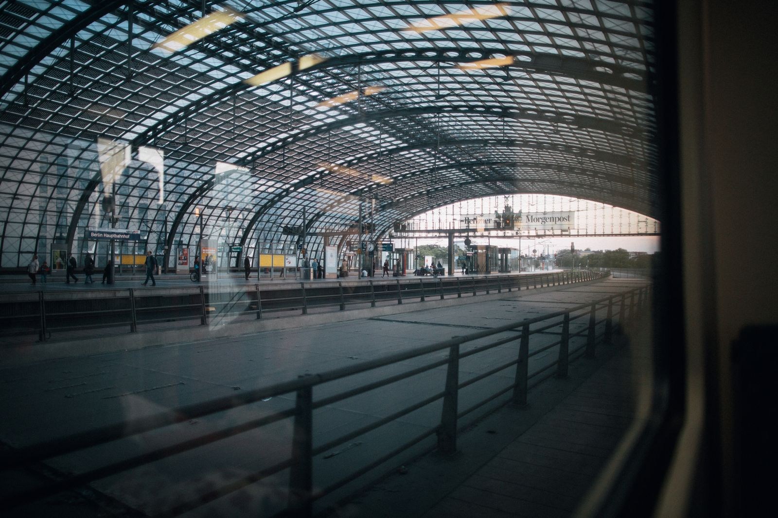 Platform beneath the glass roof of Berlin Hauptbahnhof