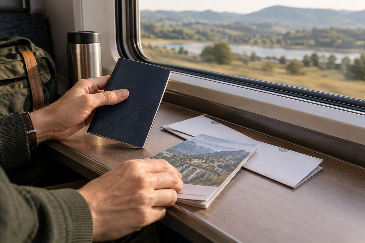 Travel documents and envelopes on a train table