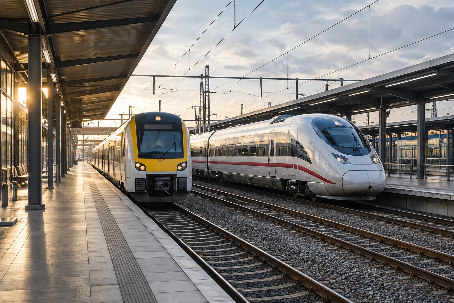 Local and intercity trains at adjacent platforms, illustrative scene