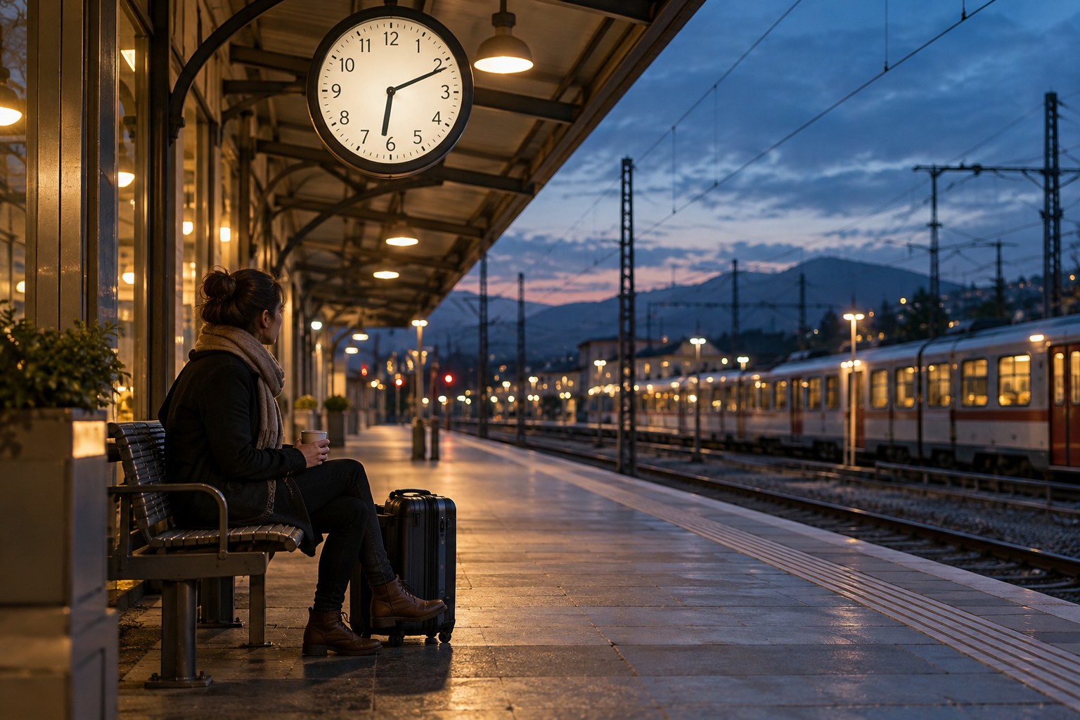 Traveler waiting with a suitcase beneath a station clock in the evening