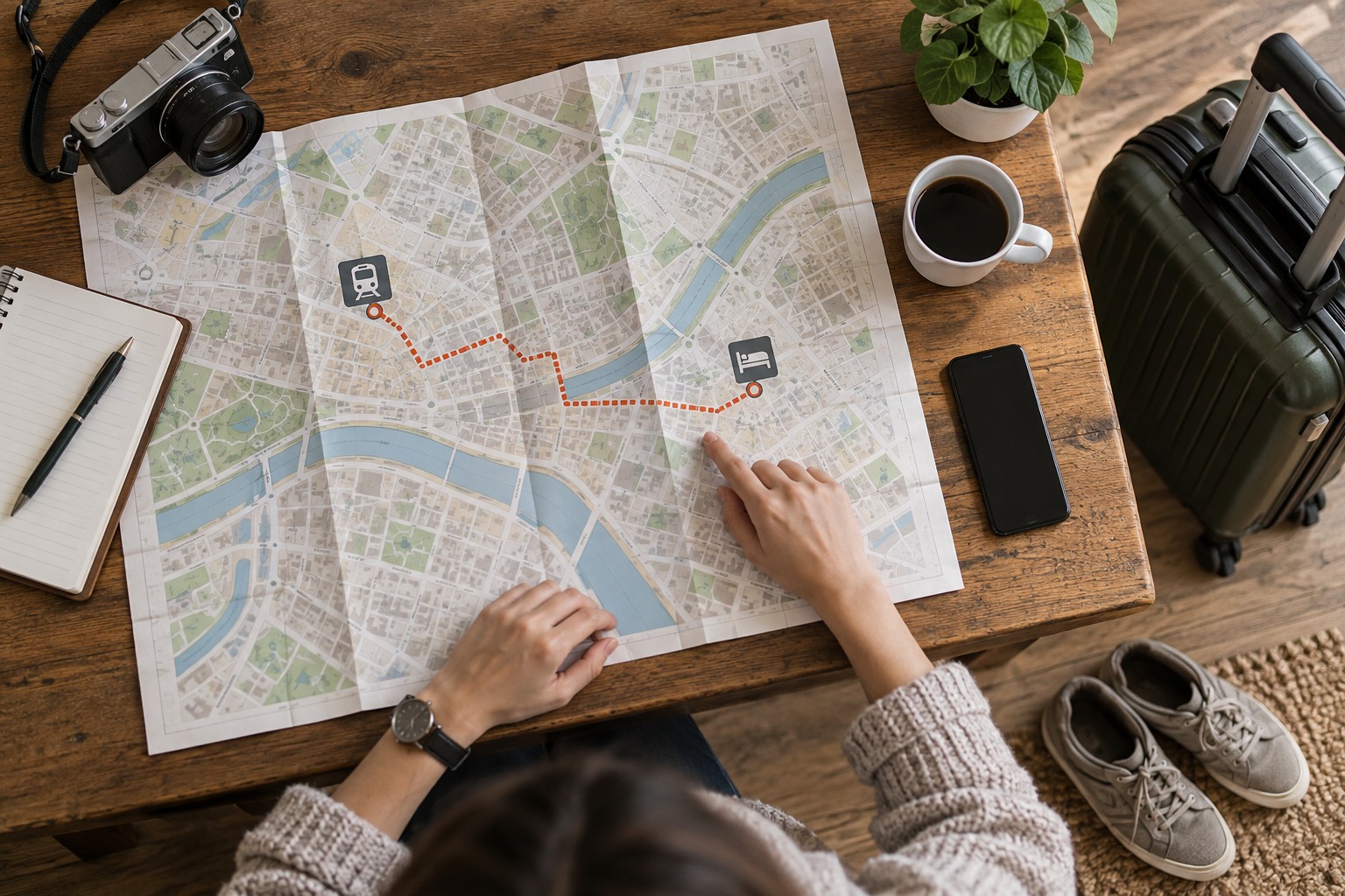 Schematic walking route between station and accommodation symbols on a map