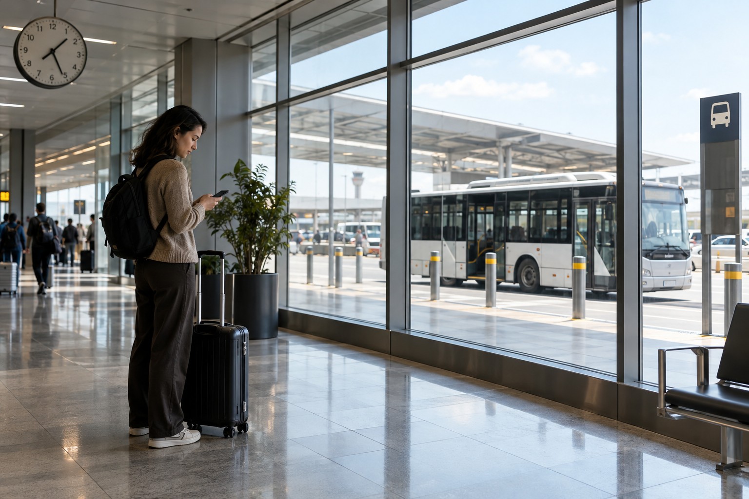 Traveler with suitcase checking a phone near an airport shuttle bus