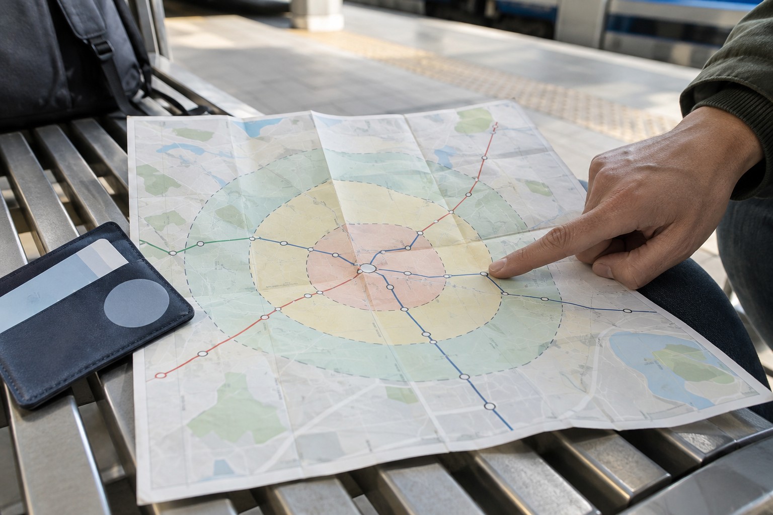 Hand pointing to the boundary between two coloured fare zones on a schematic map