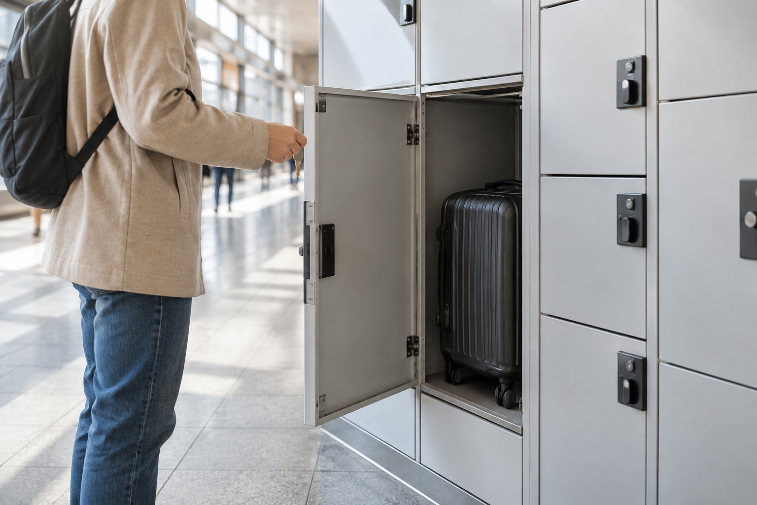 Open station luggage locker containing a wheeled suitcase
