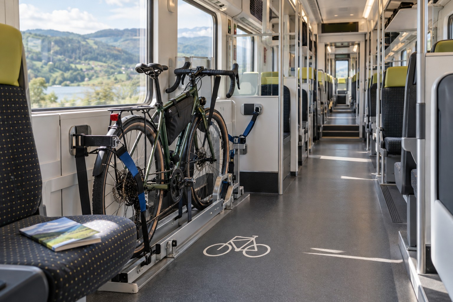 Bicycle in a designated train space with an unobstructed aisle