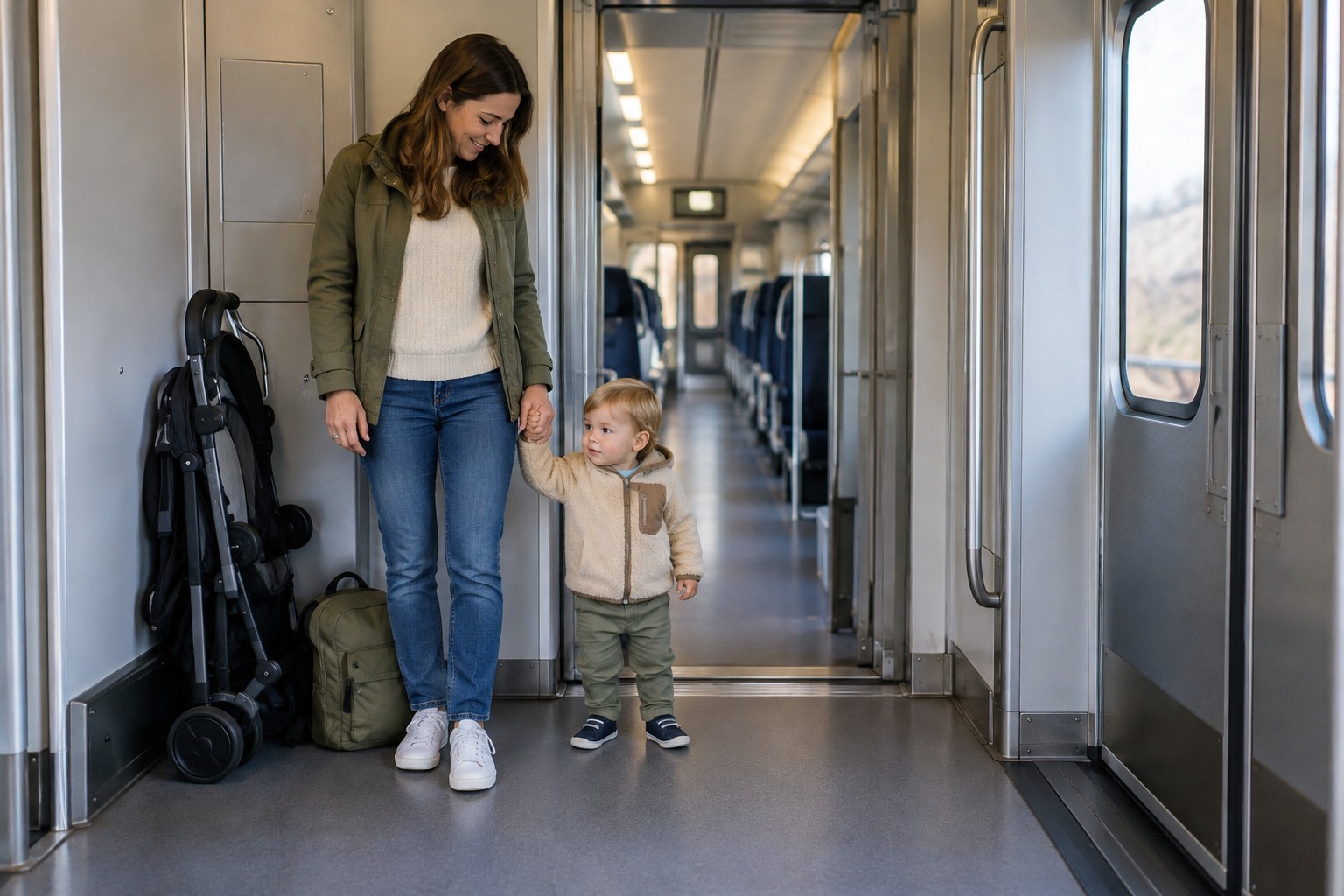 Parent with child and folded pushchair inside a train