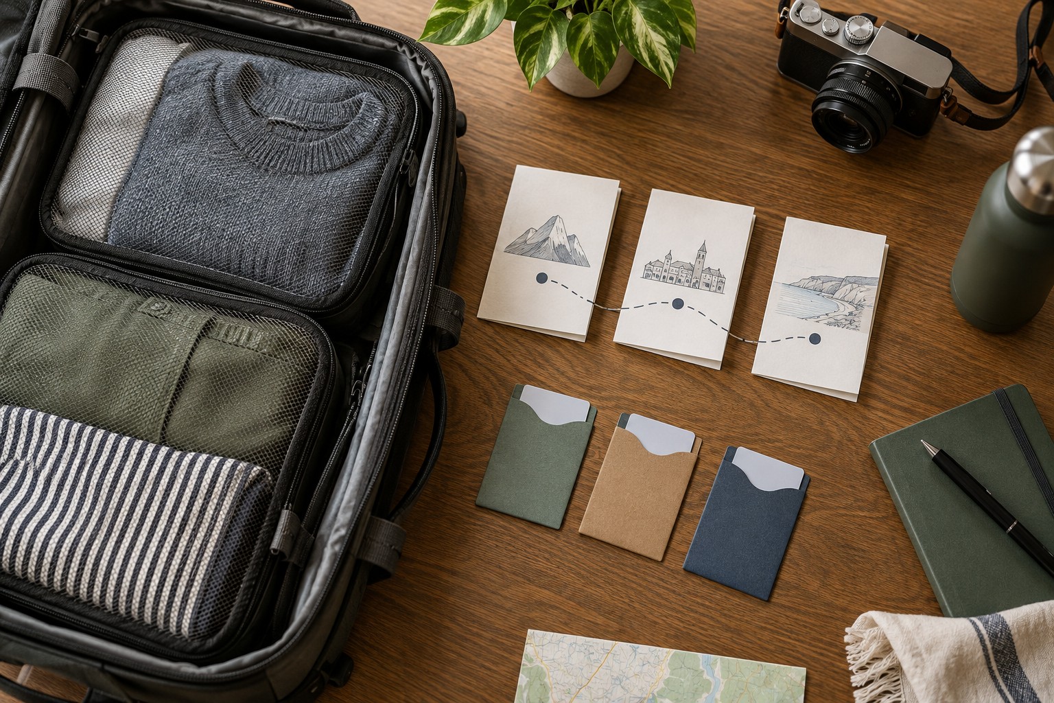 Three accommodation cards beside an open travel bag and route sketch