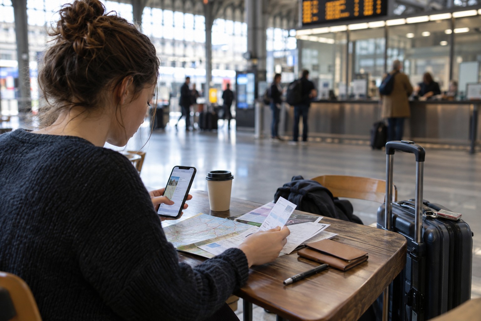 Traveler reorganising tickets and notes at a station table