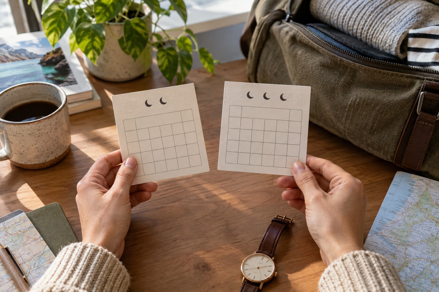 Two weekend plans with different numbers of overnight stays beside a watch
