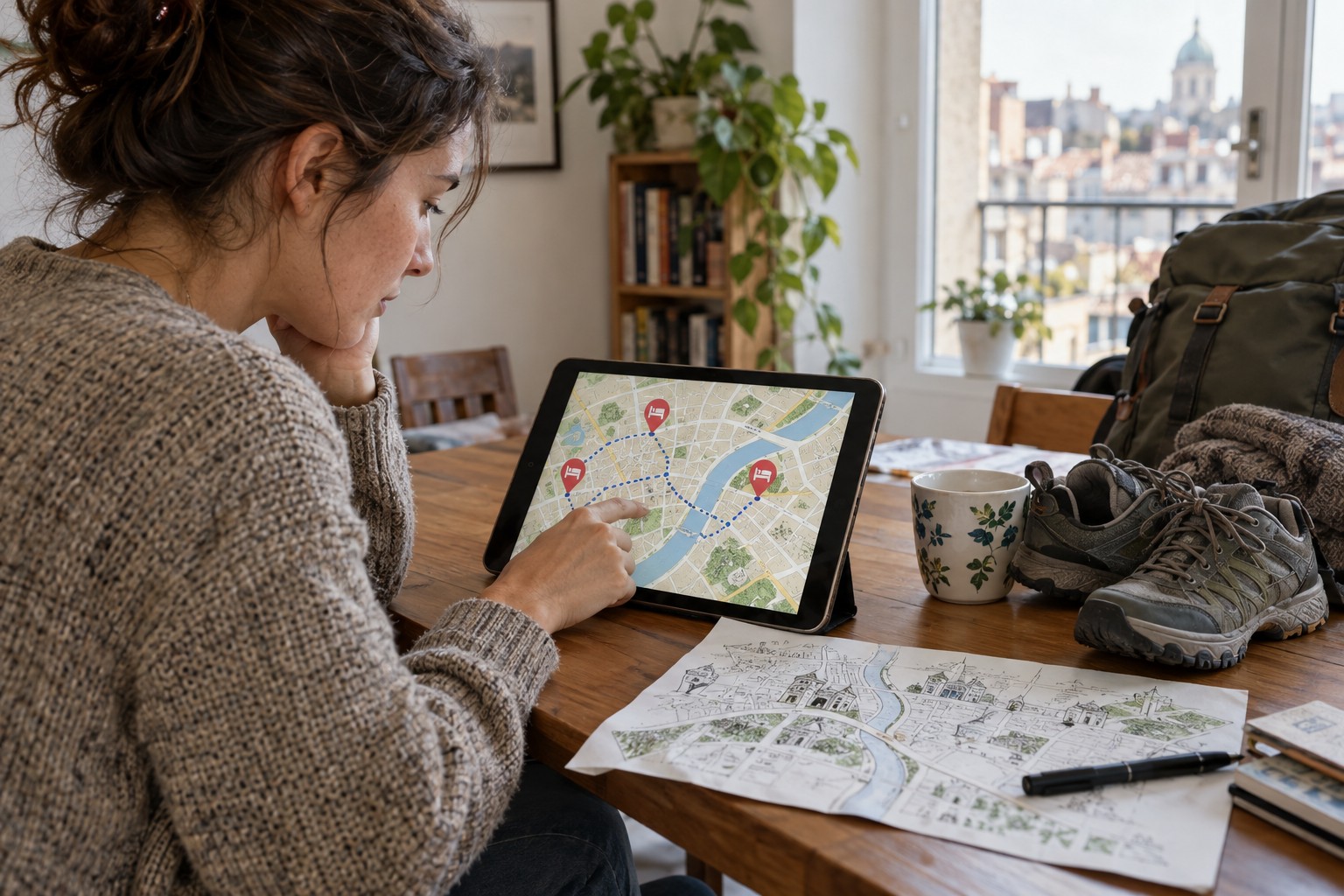 Traveler comparing accommodation points and routes on a schematic map