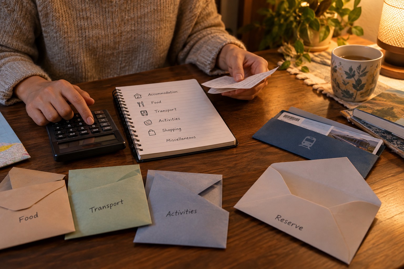 Calculator and expense envelopes beside a travel-budget notebook