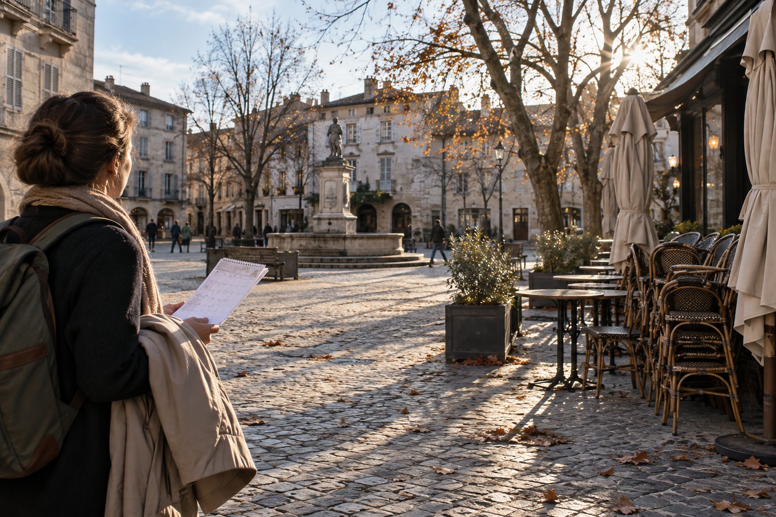 Quiet city square in low autumn light with some cafe chairs stacked