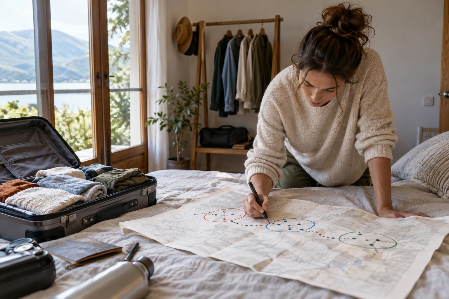 Open suitcase at accommodation beside a route divided into stages