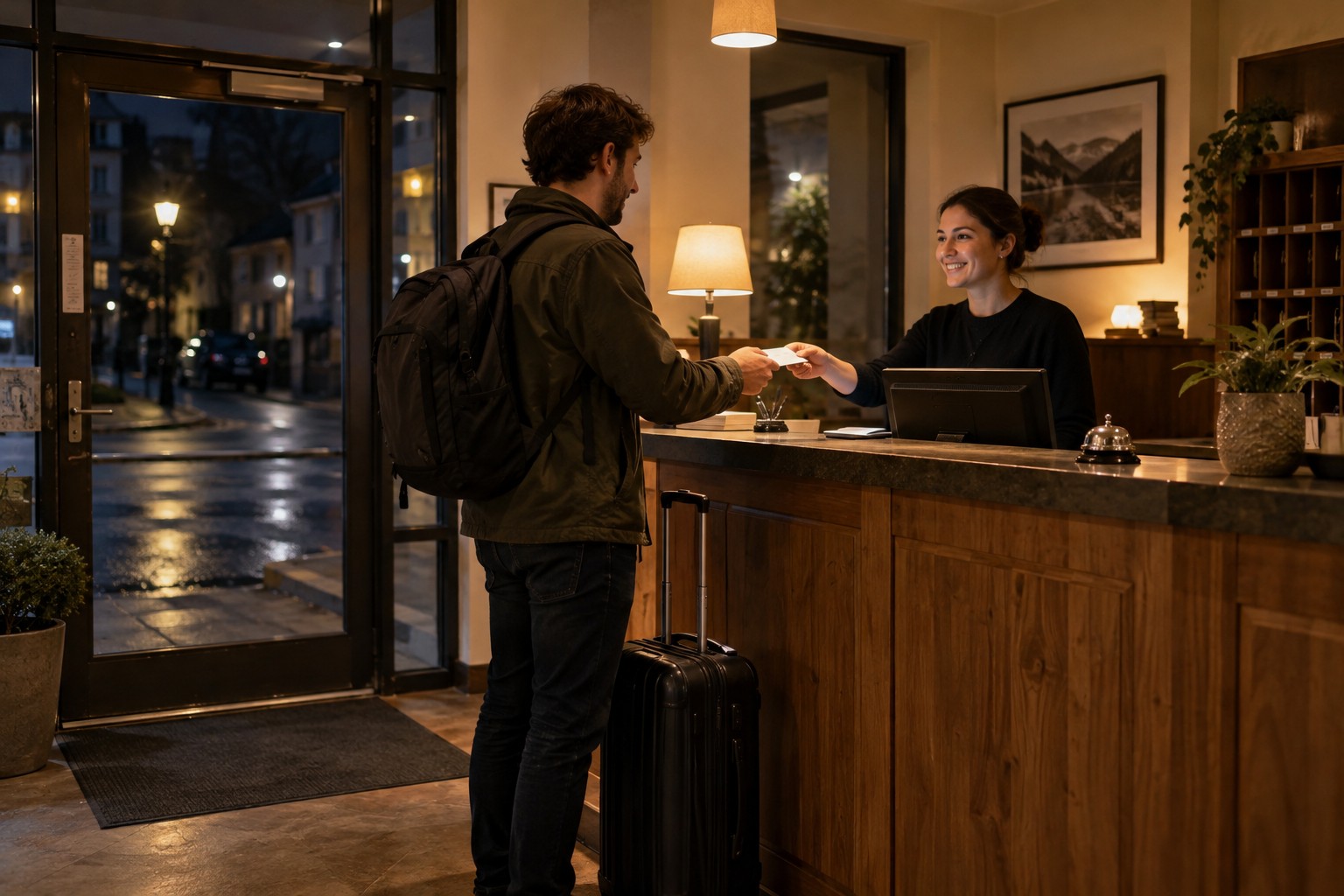 Late arrival at a lit hotel reception with a wheeled suitcase
