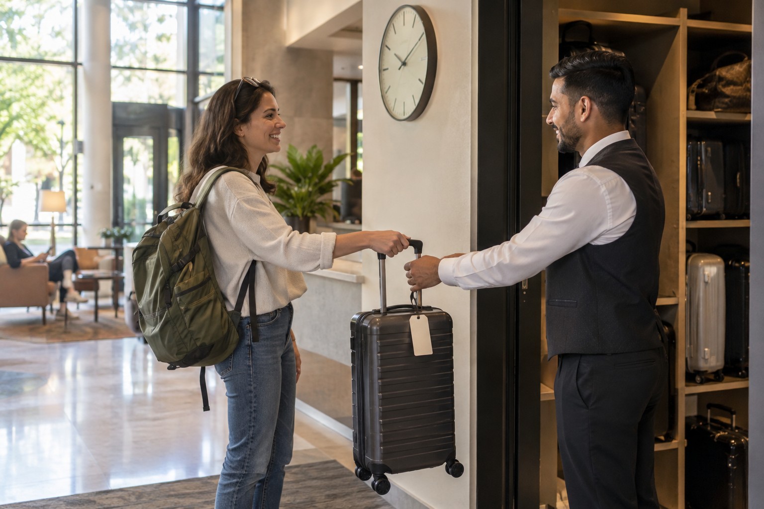 Suitcase being handed over for storage in a hotel lobby