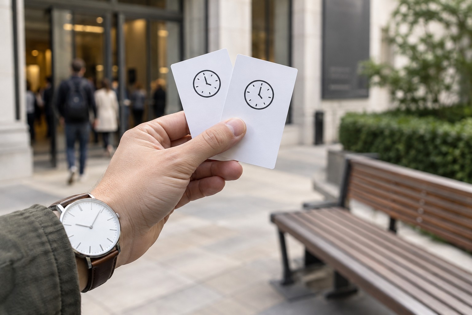 Admission cards with clock symbols beside a wristwatch outside a museum