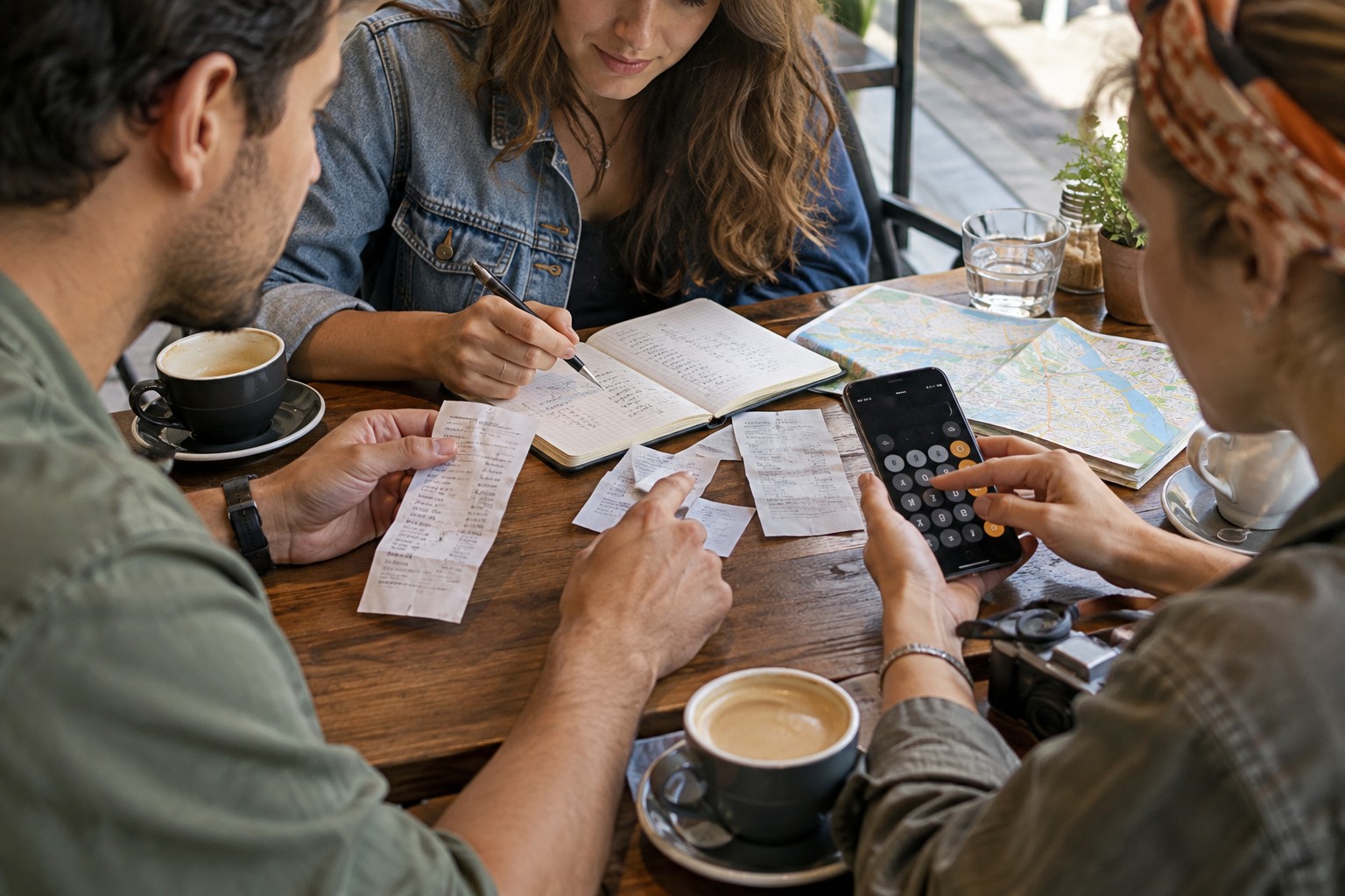 Three friends comparing receipts and an expense list at a cafe table