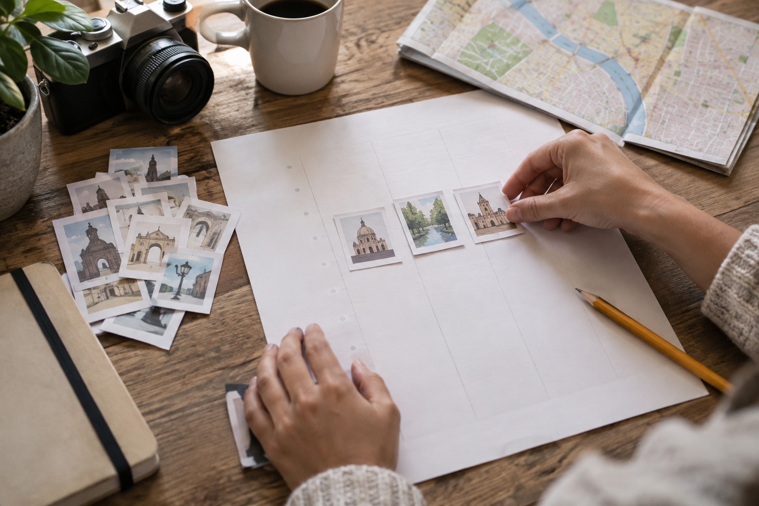 Three selected visit cards on a day plan with other cards set aside