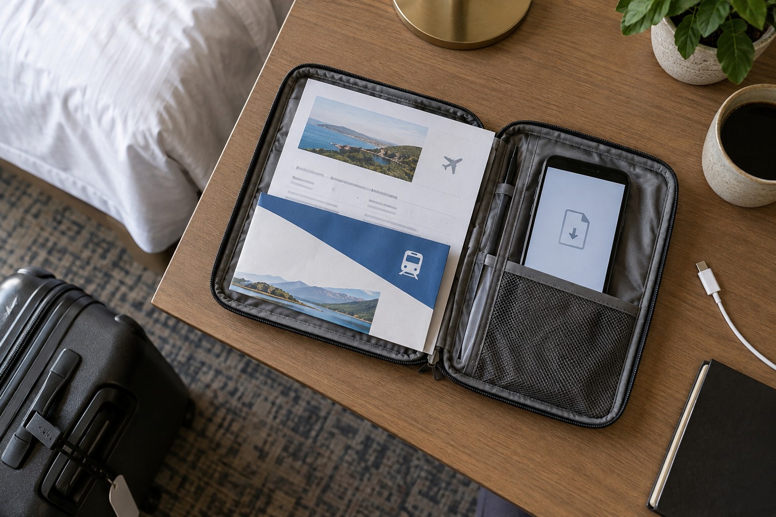 Document pouch with paper records and smartphone showing a download symbol