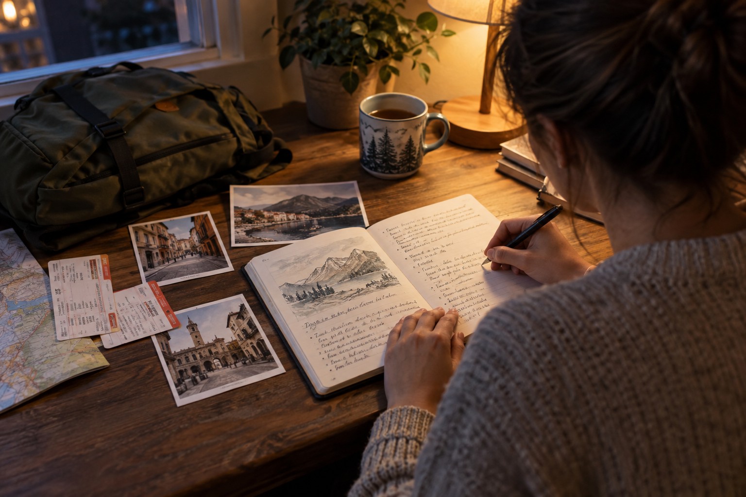 Travel notes, small photo prints and tickets on a desk