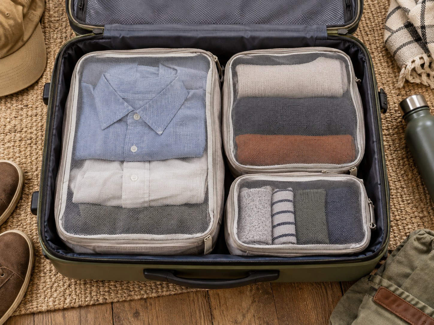 Packing cubes with folded clothes inside an open suitcase