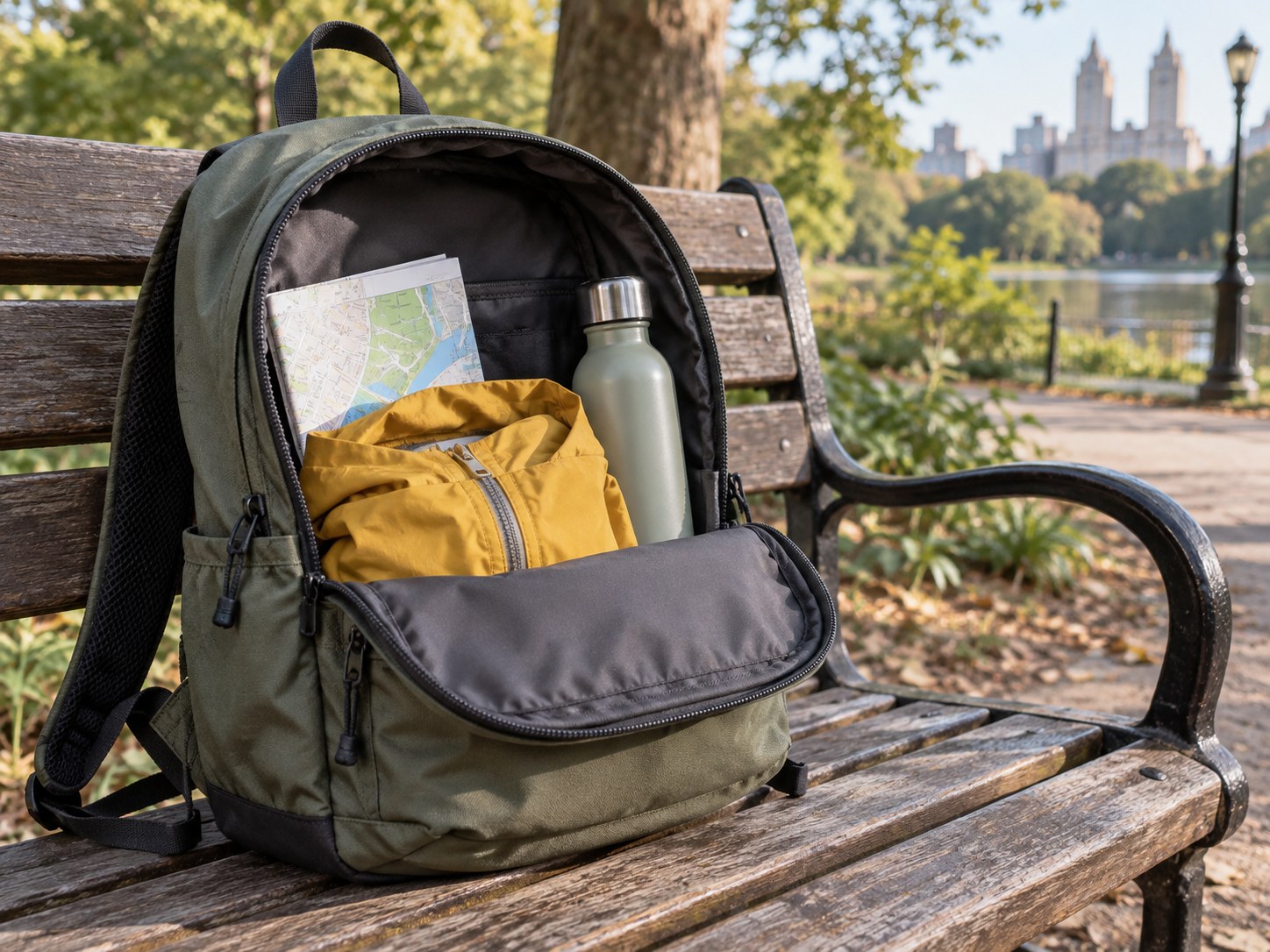 Small daypack with jacket and water bottle on a bench