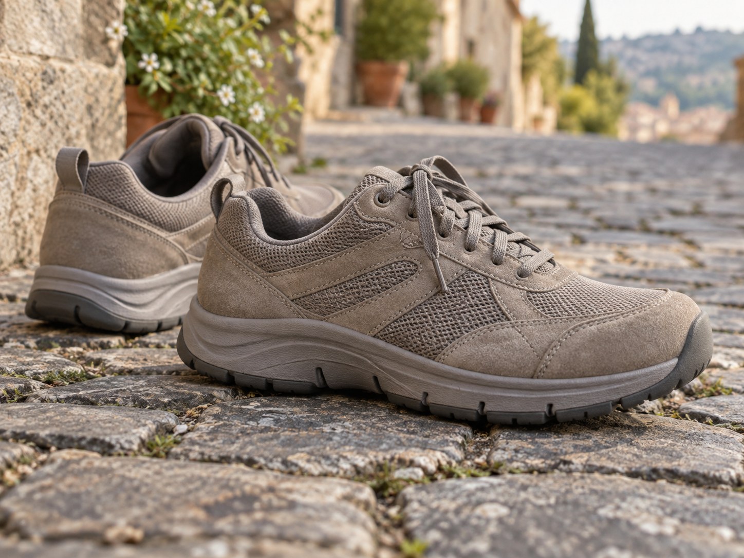 Everyday walking shoes with visible soles on cobblestones