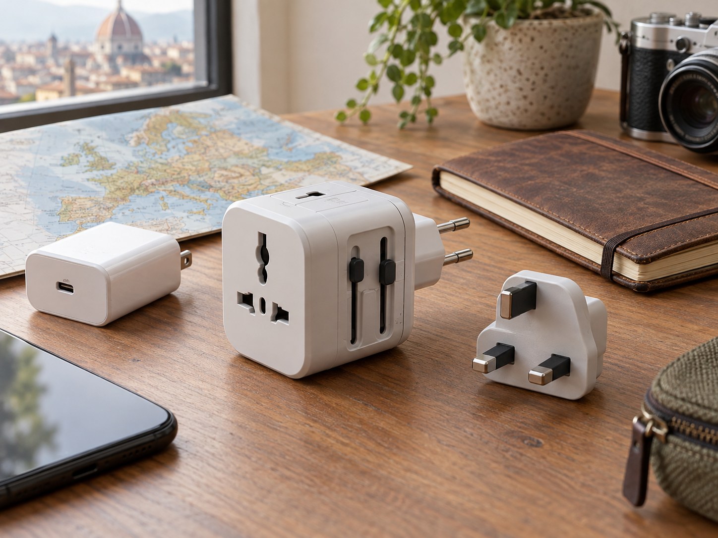Travel plug adapter beside a charger and notebook