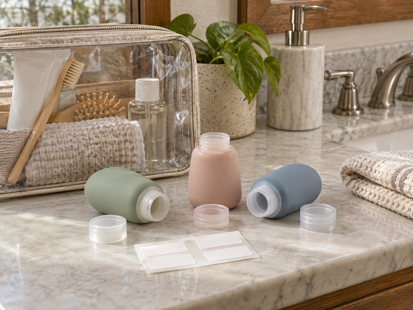Small refillable travel bottles beside a transparent bag