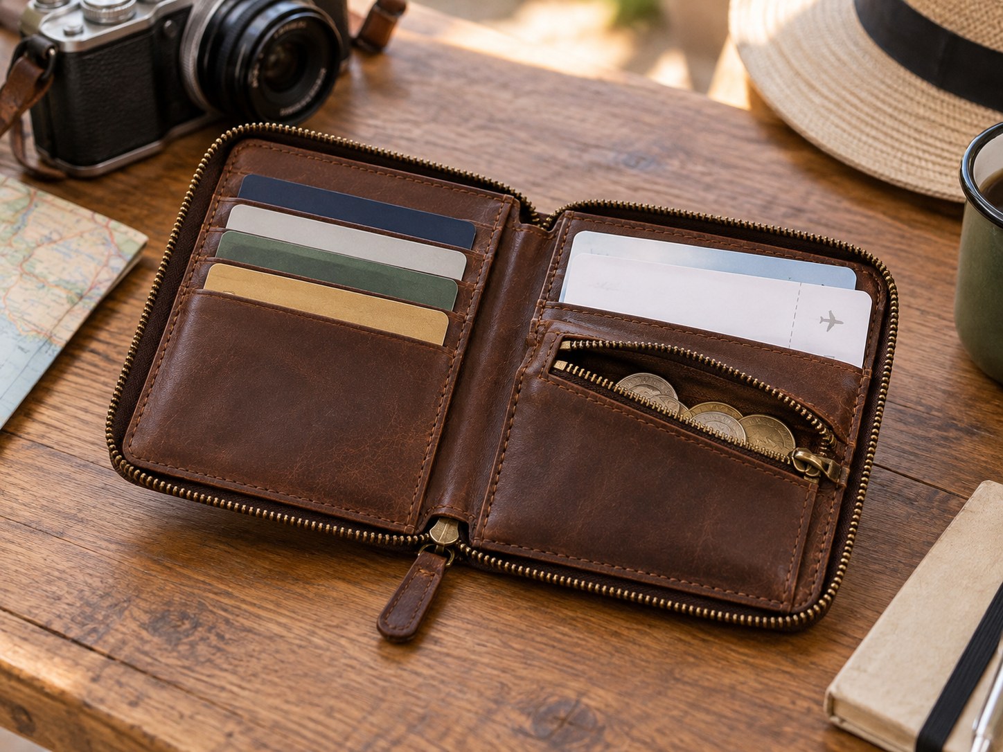 Open travel wallet with card slots and a coin compartment