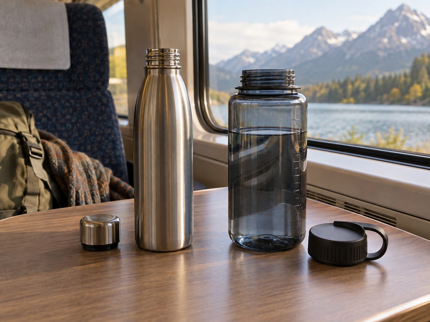 Two water bottles with different openings on a train table