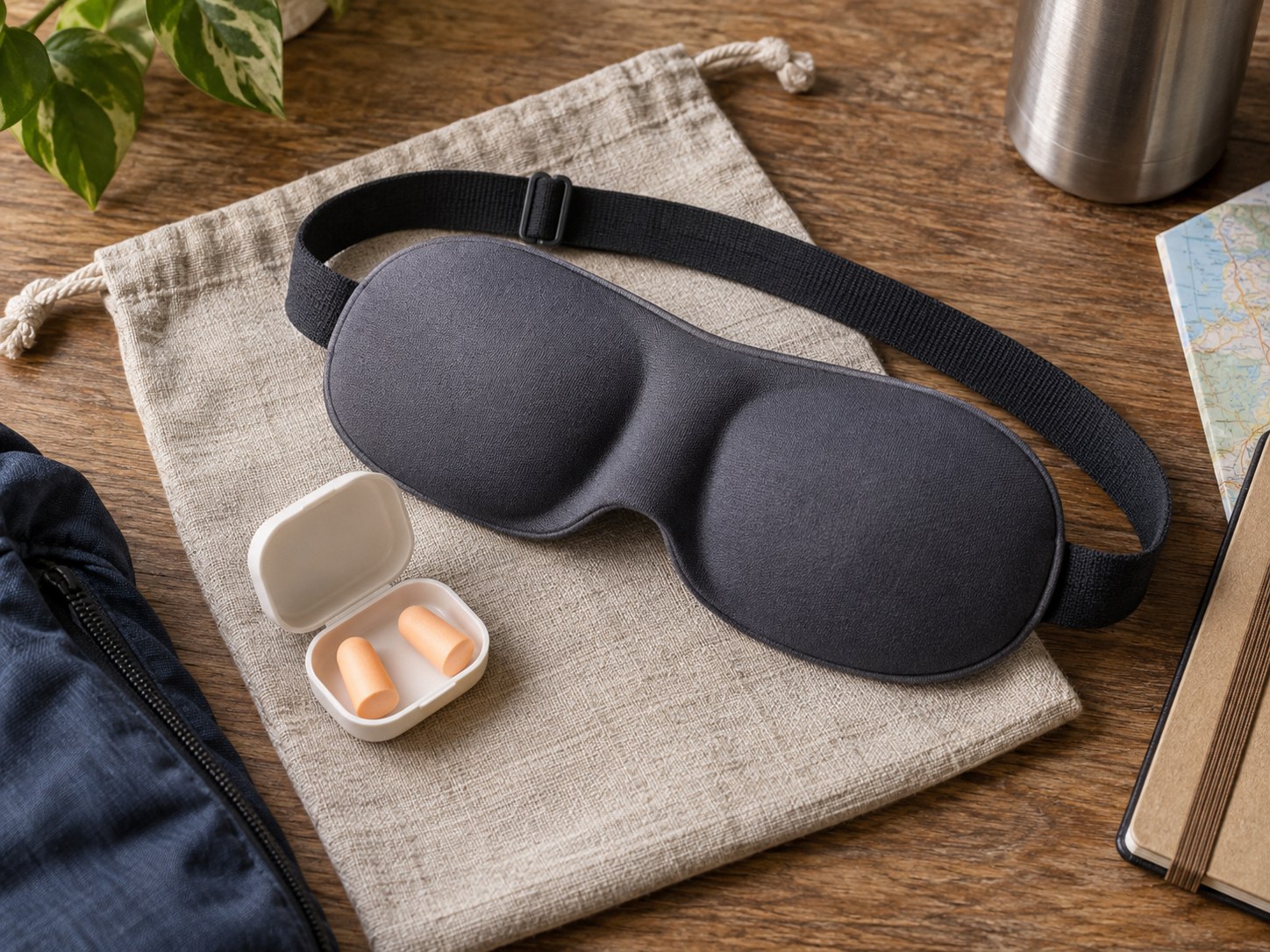 Sleep mask and earplugs with a small storage case