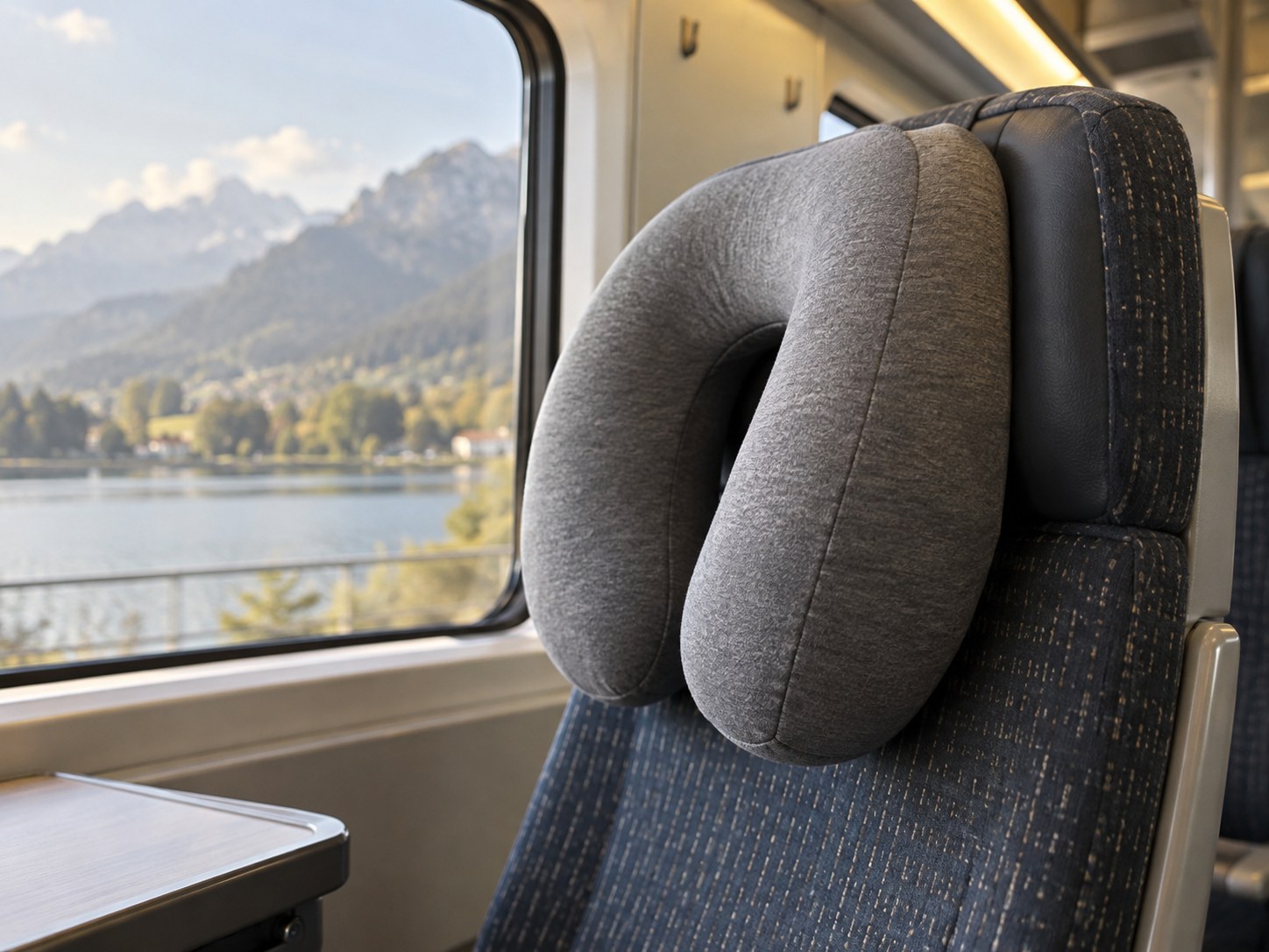 Travel neck pillow on an upright train seat
