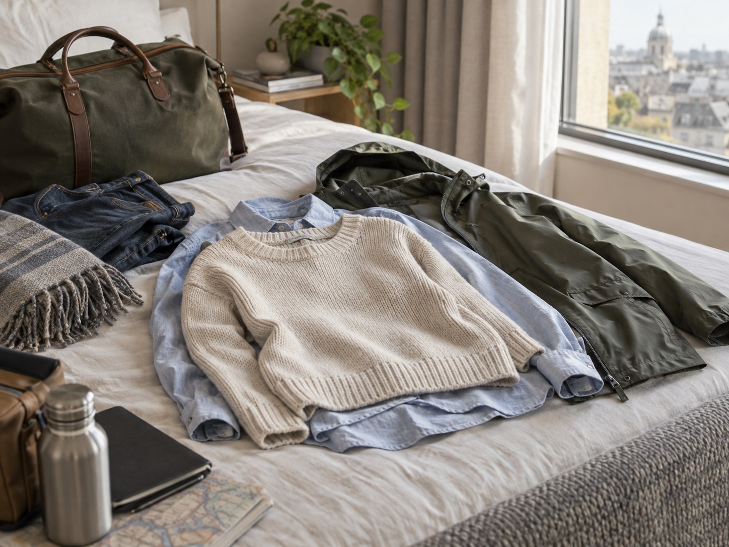 Light jumper, shirt and rain jacket laid out for travel