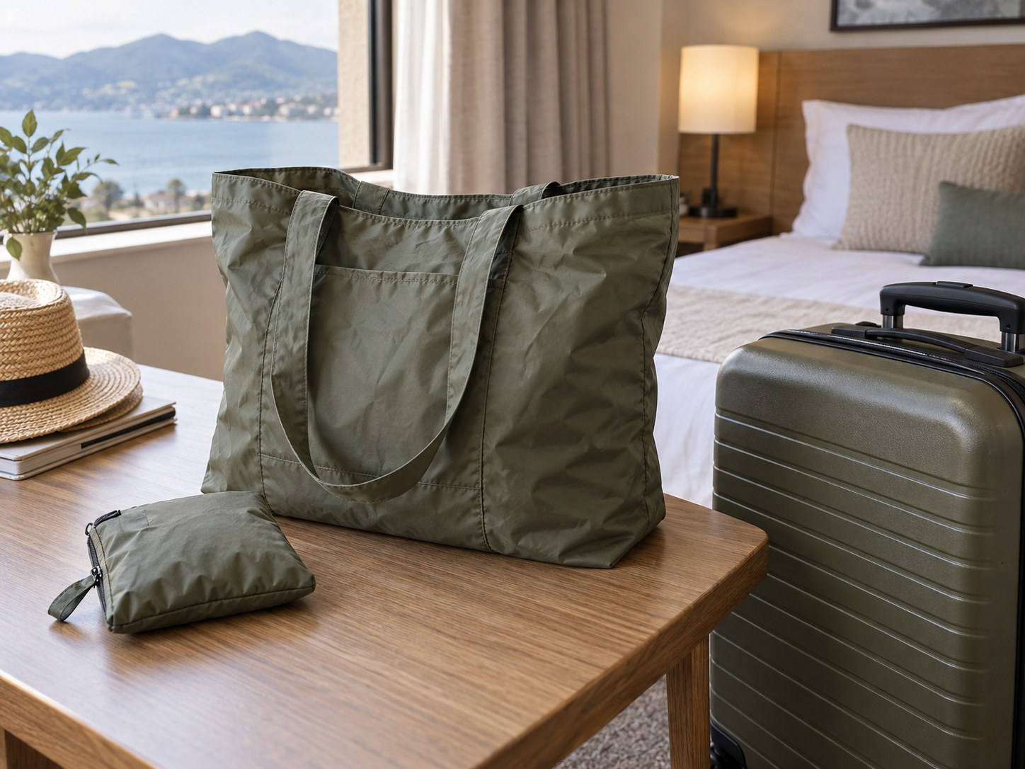 Foldable extra bag beside its compact storage pouch
