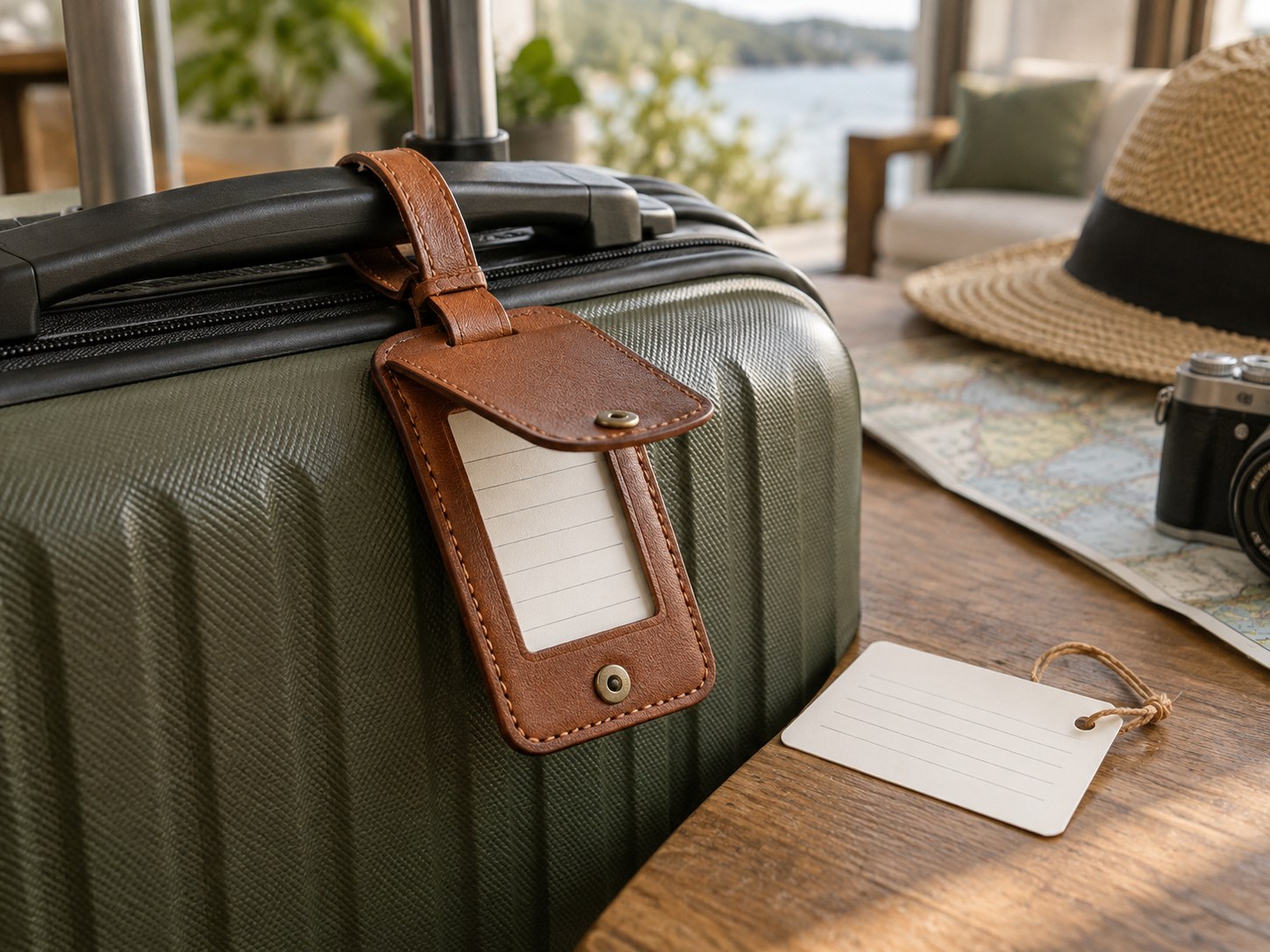 Luggage tag with a privacy flap attached to a suitcase handle