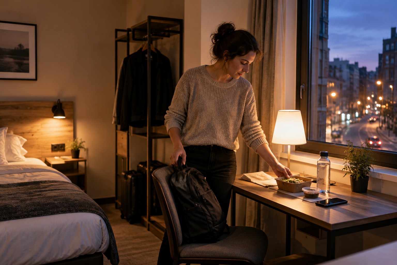 Solo traveler setting out a simple meal in their room