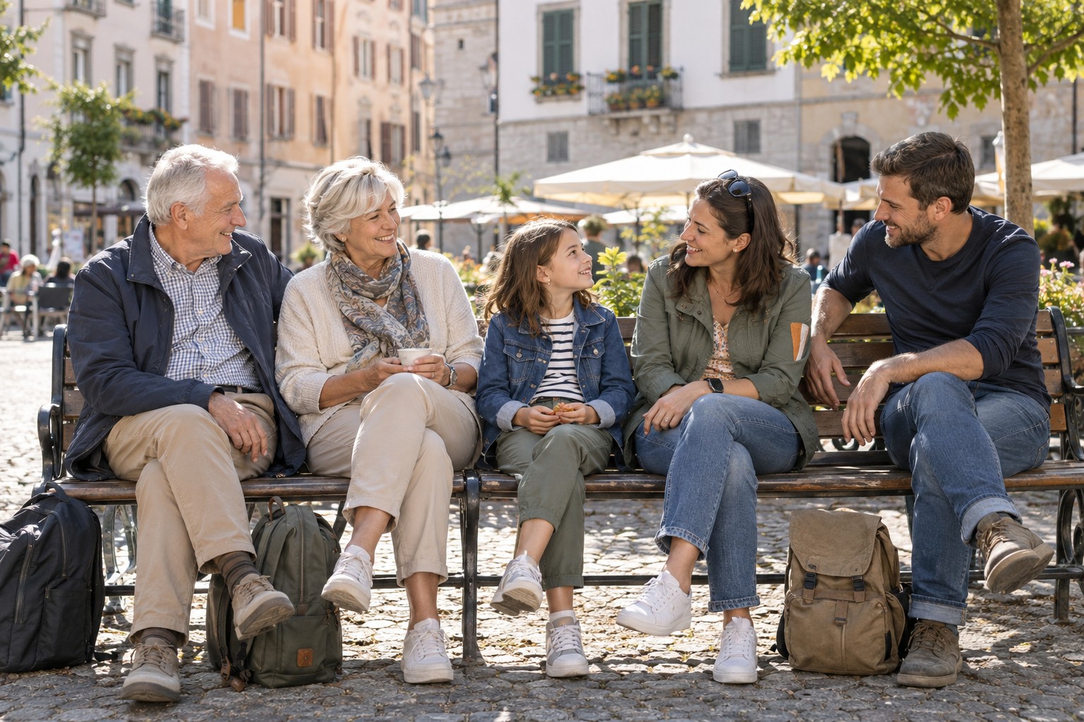 Multigenerational family taking a break on benches in a city square